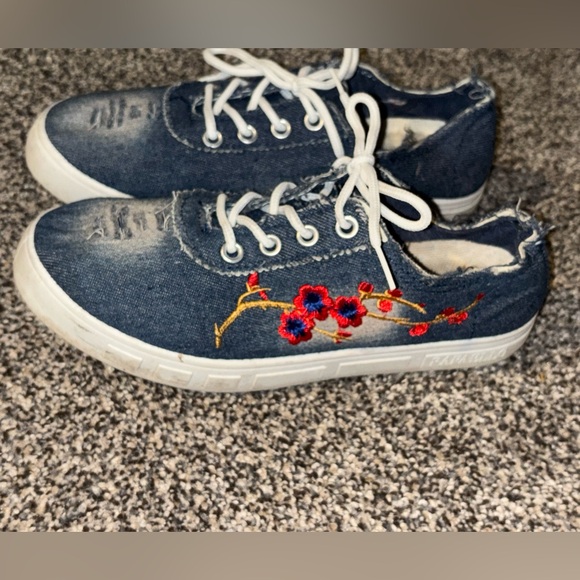 Rafaella Shoes - Rafaella Distressed Style Blue Denim Floral Women’s Sneakers